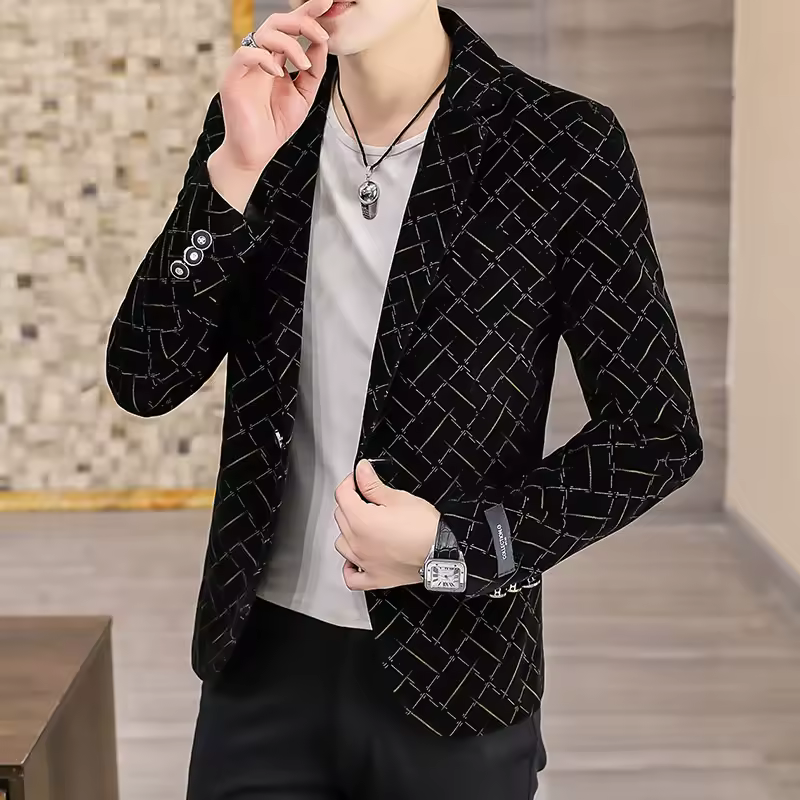 Business Style Single Button Printed Core Velvet Slim Fit Blazer Suit