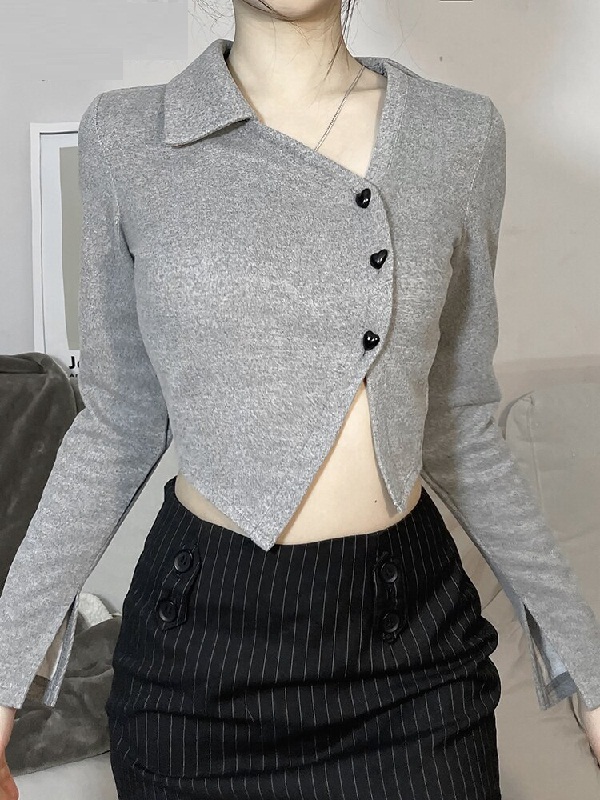 Casual O-Neck Solid Full Sleeve Knitted Crop Top