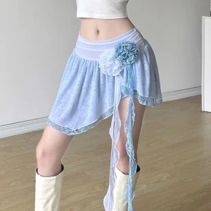 Casual Retro 3D Floral Mesh Streetwear High Waist Irregular Skirts
