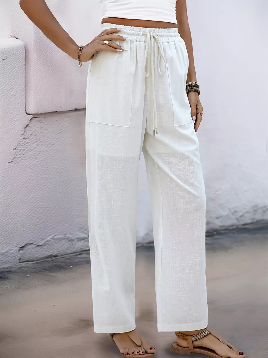 Casual Trousers With Drawstring Cotton Blend Waist Pants