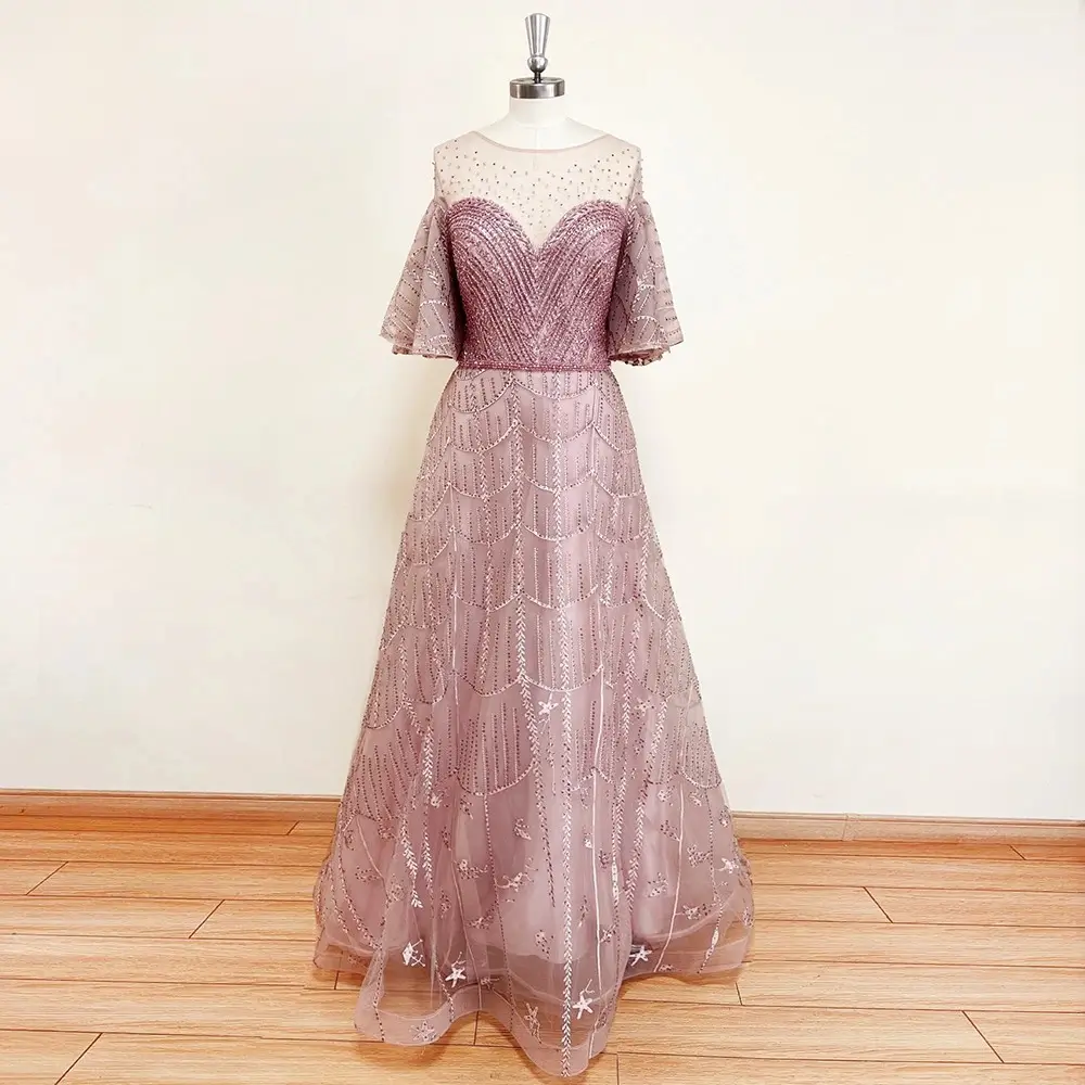 Elegant Exquisite Trumpet Sleeve Crystal Evening Party Dress