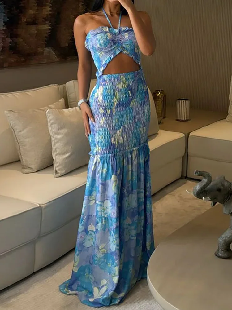 Elegant Hollow Out Patchwork Sleeveless Chic Party Maxi Dress