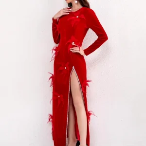 Elegant O-Neck Long Sleeved 3D Flower High Slit Maxi Dress