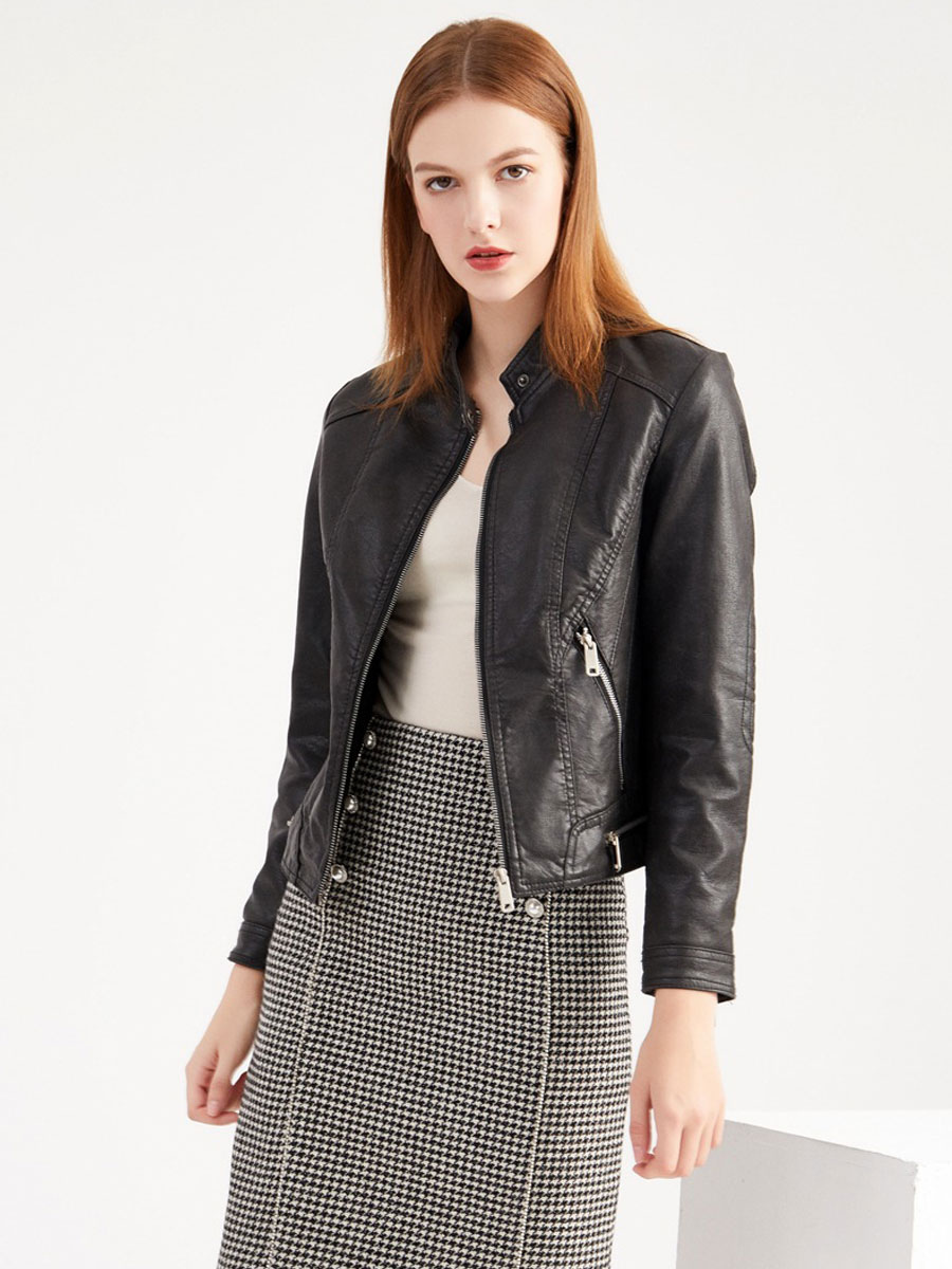 Faux Leather Jacket Black PU Stand Collar Zip Up Relaxed Fit High Waist Biker Outerwear For Women