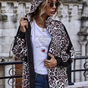 Hooded Leopard Print Long Sleeve Zip Up Lightweight Jacket