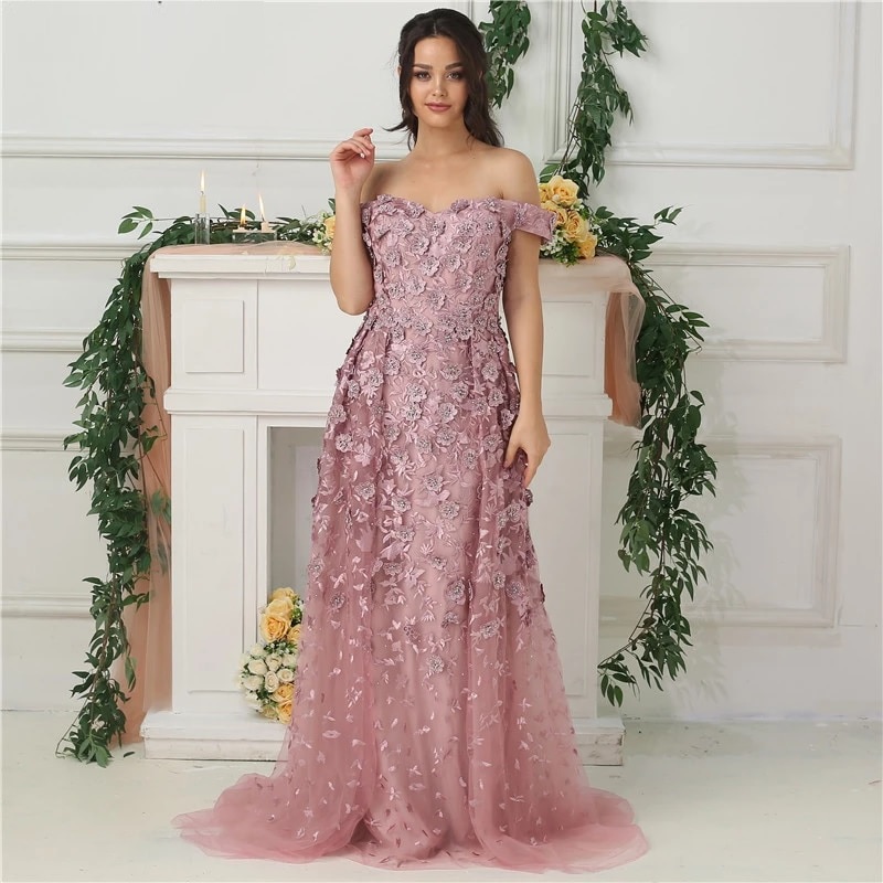 Off Shoulder Handmade Flowers Crystal Sexy Evening Dress