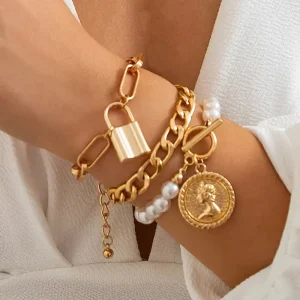 Vintage Lock Coin OT Buckle Pendant Punk Cuban Curb Chain Bracelets