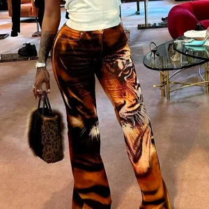 Stunning High Waist 3D Tiger Print Skinny With Button Flare Trousers