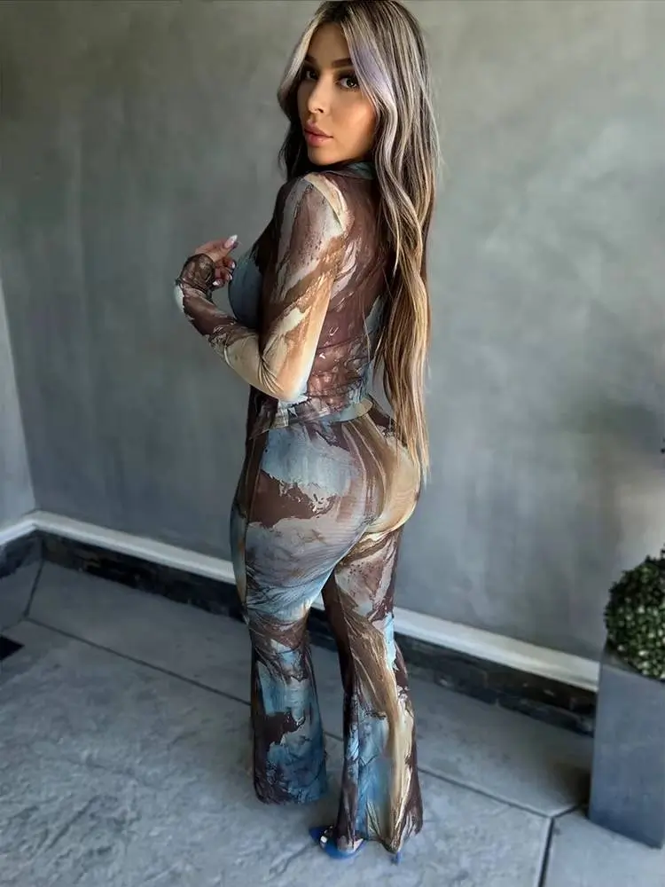 Tie Dye Print Full Sleeve Single Breasted Shirts Tops and Flare Pants Two 2 Piece Set