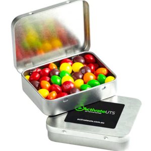 Branded Rectangle Hinge Tin filled with 65g Skittles